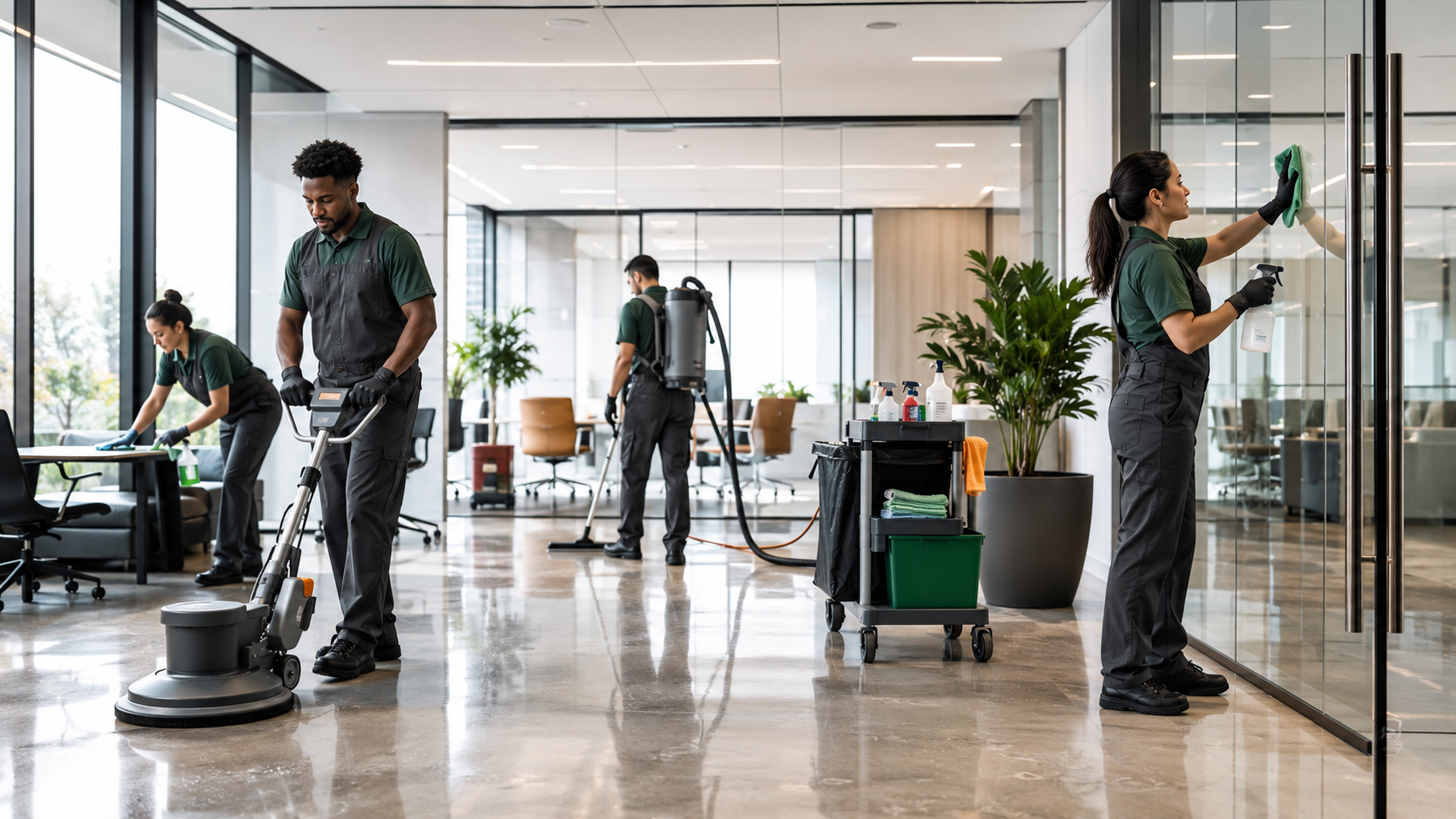 Professional janitorial crew cleaning a modern commercial property